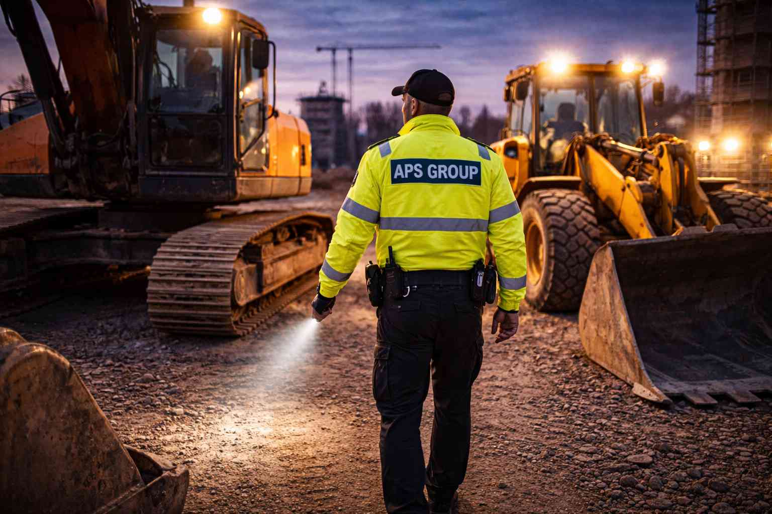 Baumaschinen-Bewachung bundesweit beim Rundgang an abgestellten Maschinen.