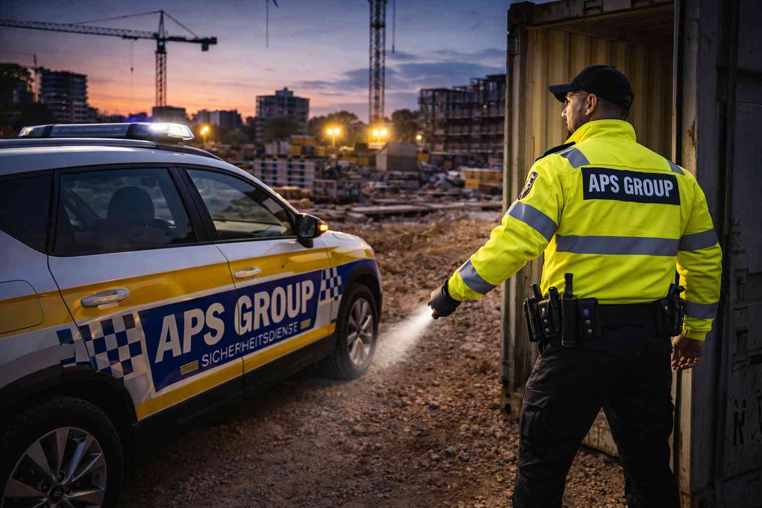 24/7 Baustellenbewachung bundesweit bei Fahrzeugkontrolle auf einer Baustelle.