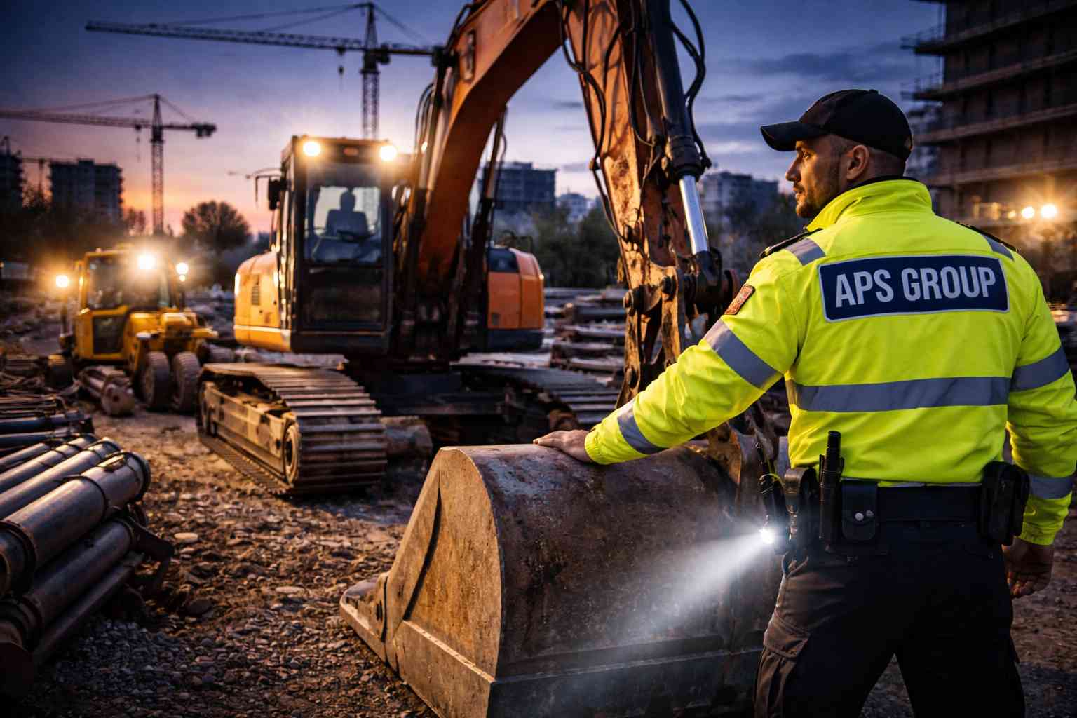 Baumaschinen-Bewachung auf einer Baustelle durch Sicherheitskräfte der APS Group.