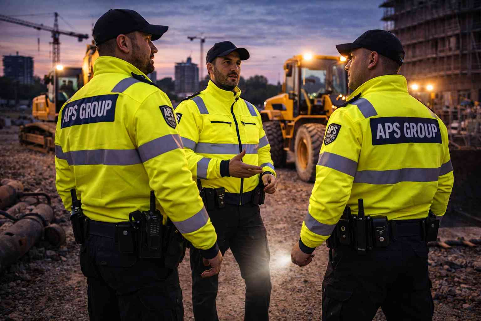 Sicherheitskräfte bei der Einsatzbesprechung zur Baumaschinen-Bewachung auf einer Baustelle.