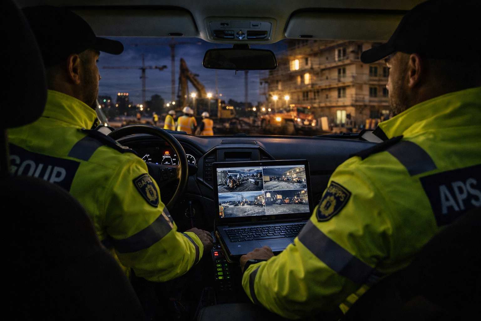 Baustellenbewachung Nacht mit Einsatzfahrzeug auf einer Baustelle.