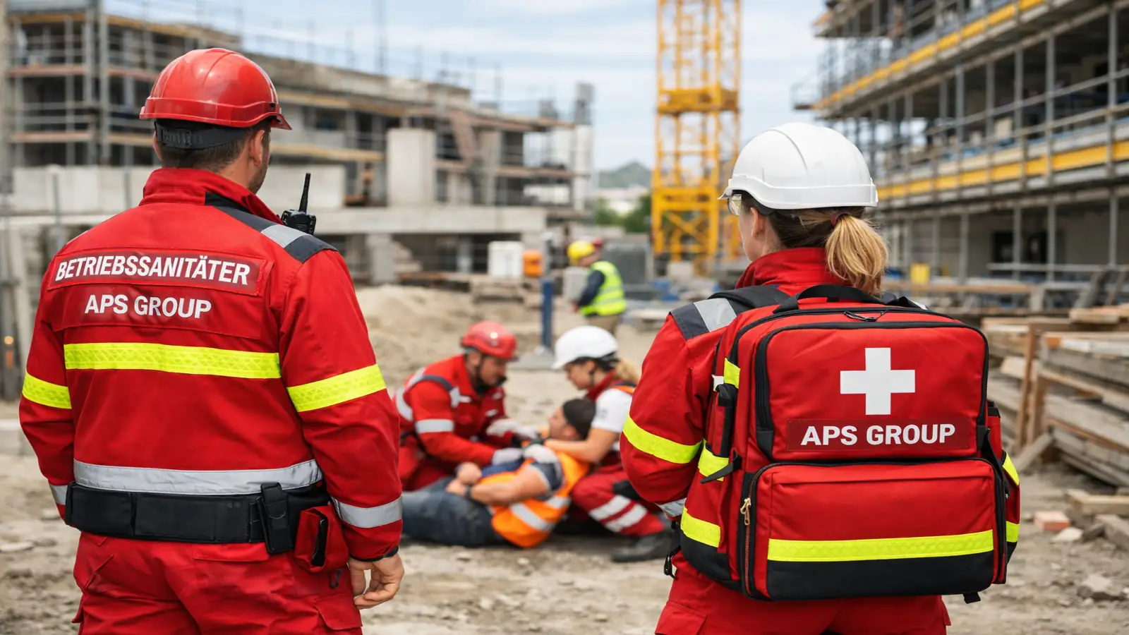 Betriebssanitäter im Einsatz auf einer Baustelle mit professioneller medizinischer Betreuung