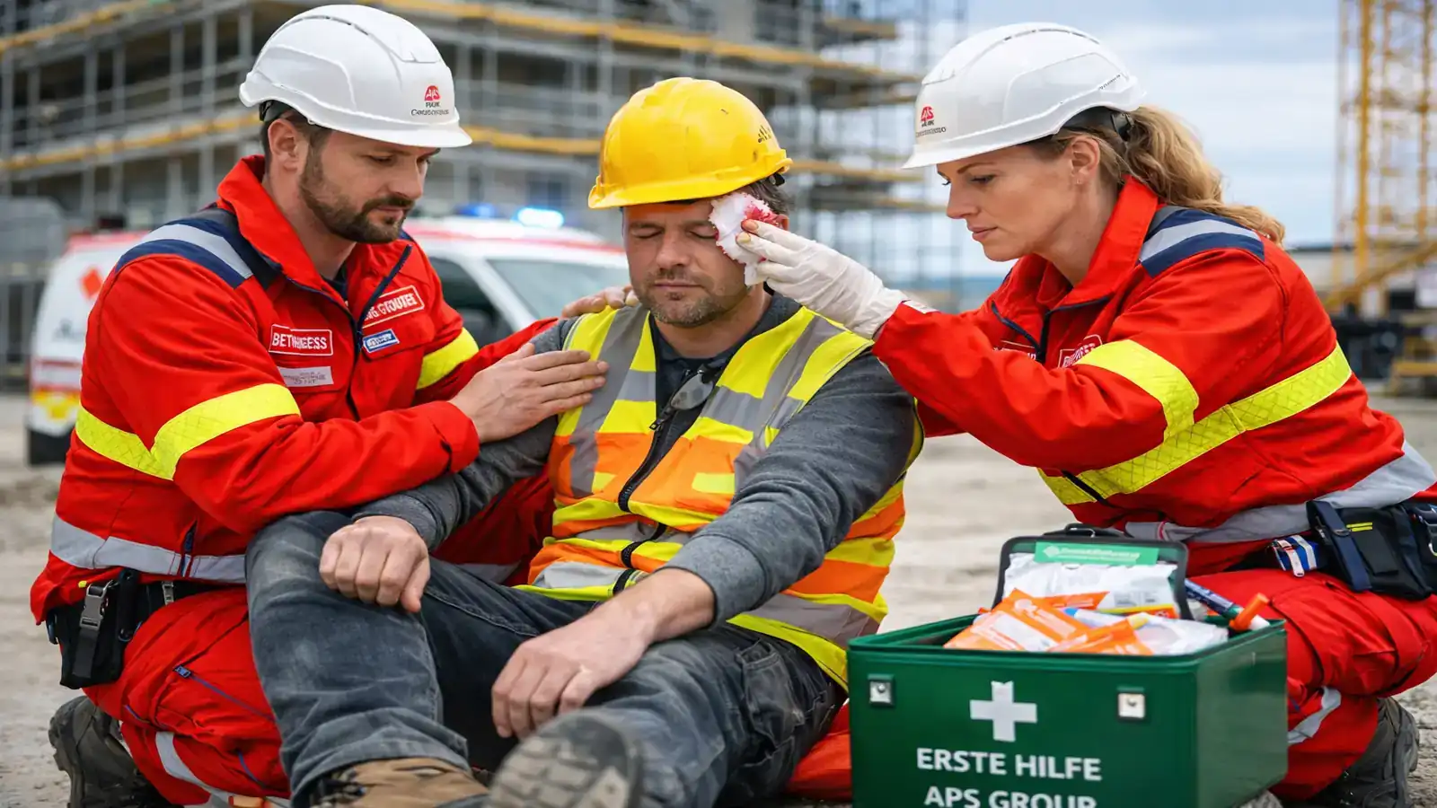 Betriebssanitäter bei Notfallversorgung auf einer Baustelle mit professioneller medizinischer Betreuung