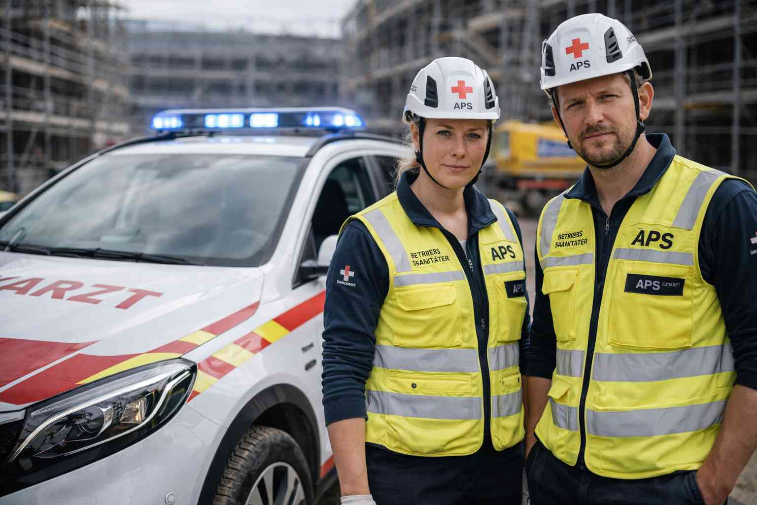Betriebssanitäter Baustelle bundesweit mit Einsatzfahrzeug vor Ort.