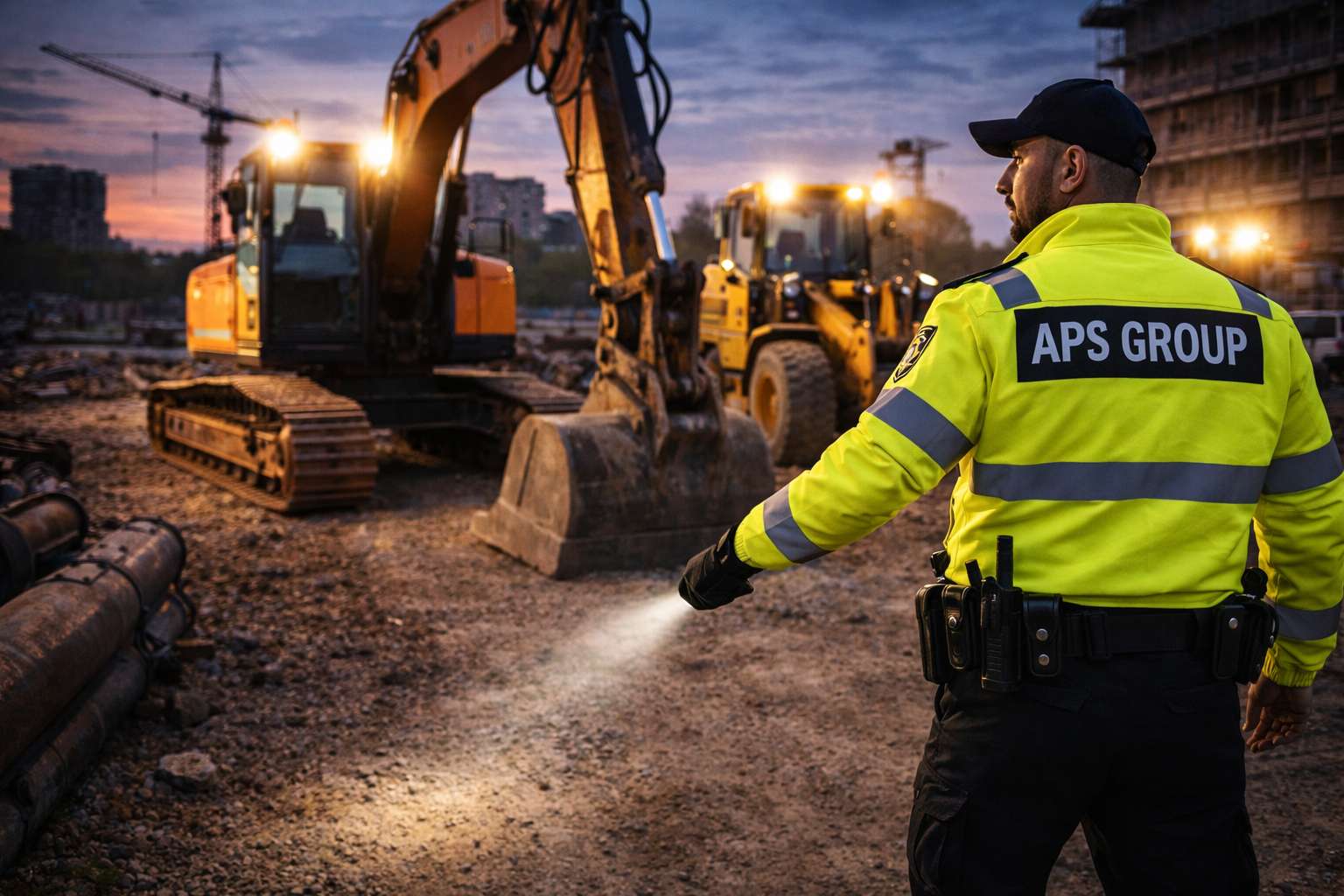 Baumaschinen-Bewachung bundesweit mit Sicherheitskräften auf einer Baustelle.