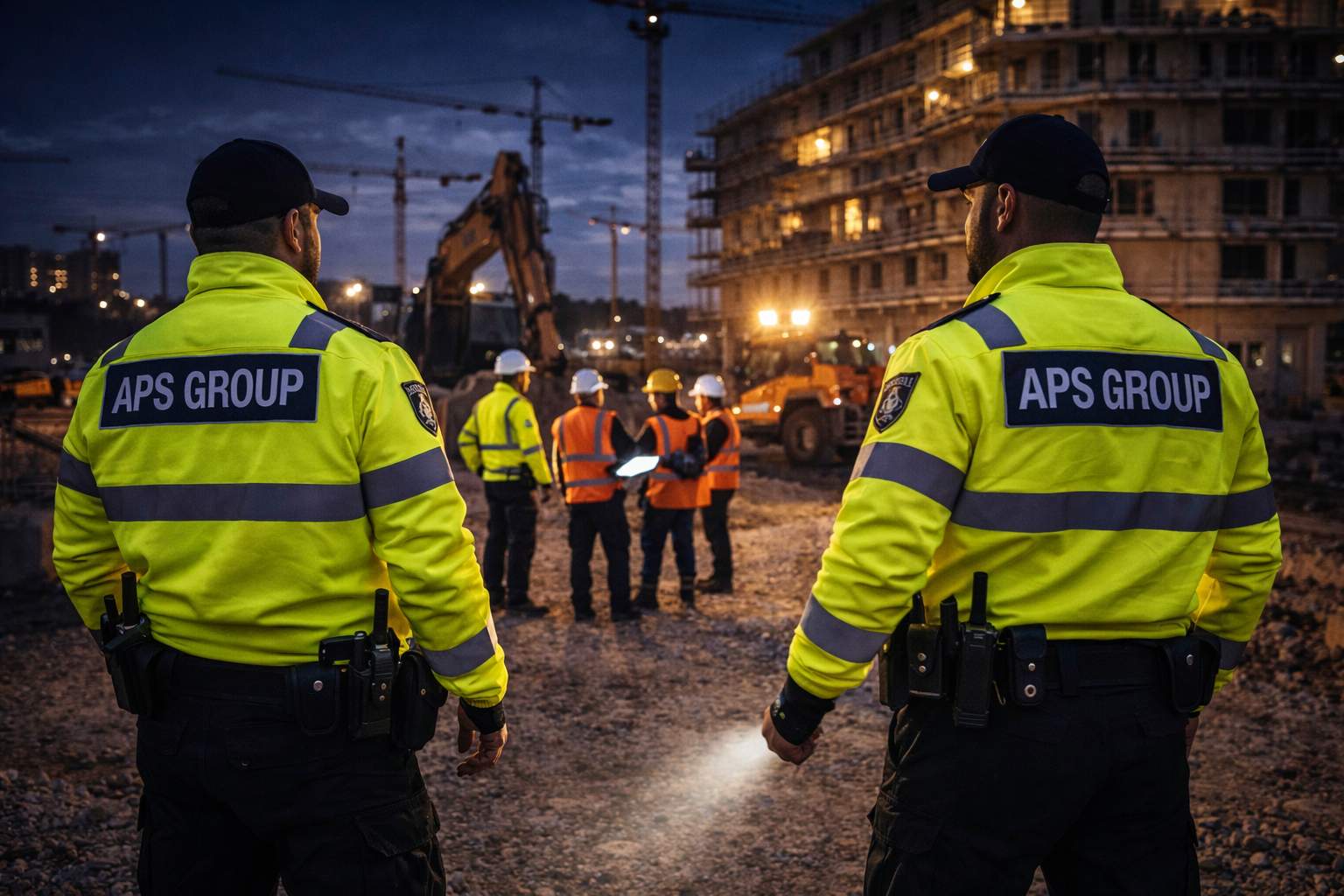 Baustellenbewachung Nacht mit Sicherheitskräften im nächtlichen Baustelleneinsatz.