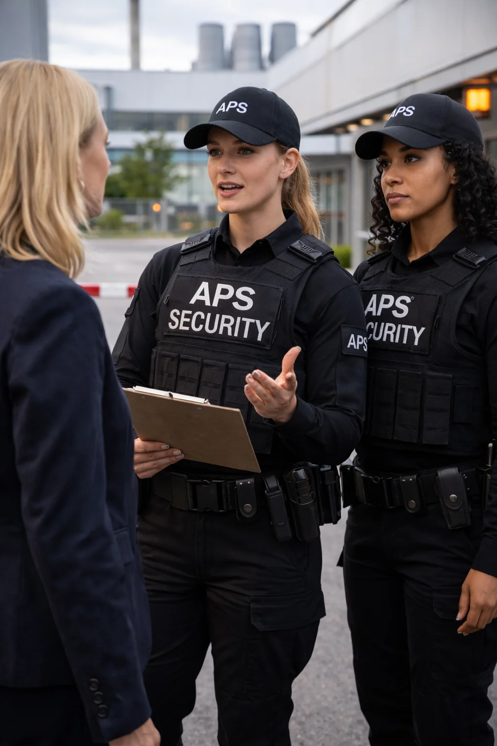 Sicherheitsmitarbeiterinnen im Gespräch bei einem Werkschutz Einsatz.