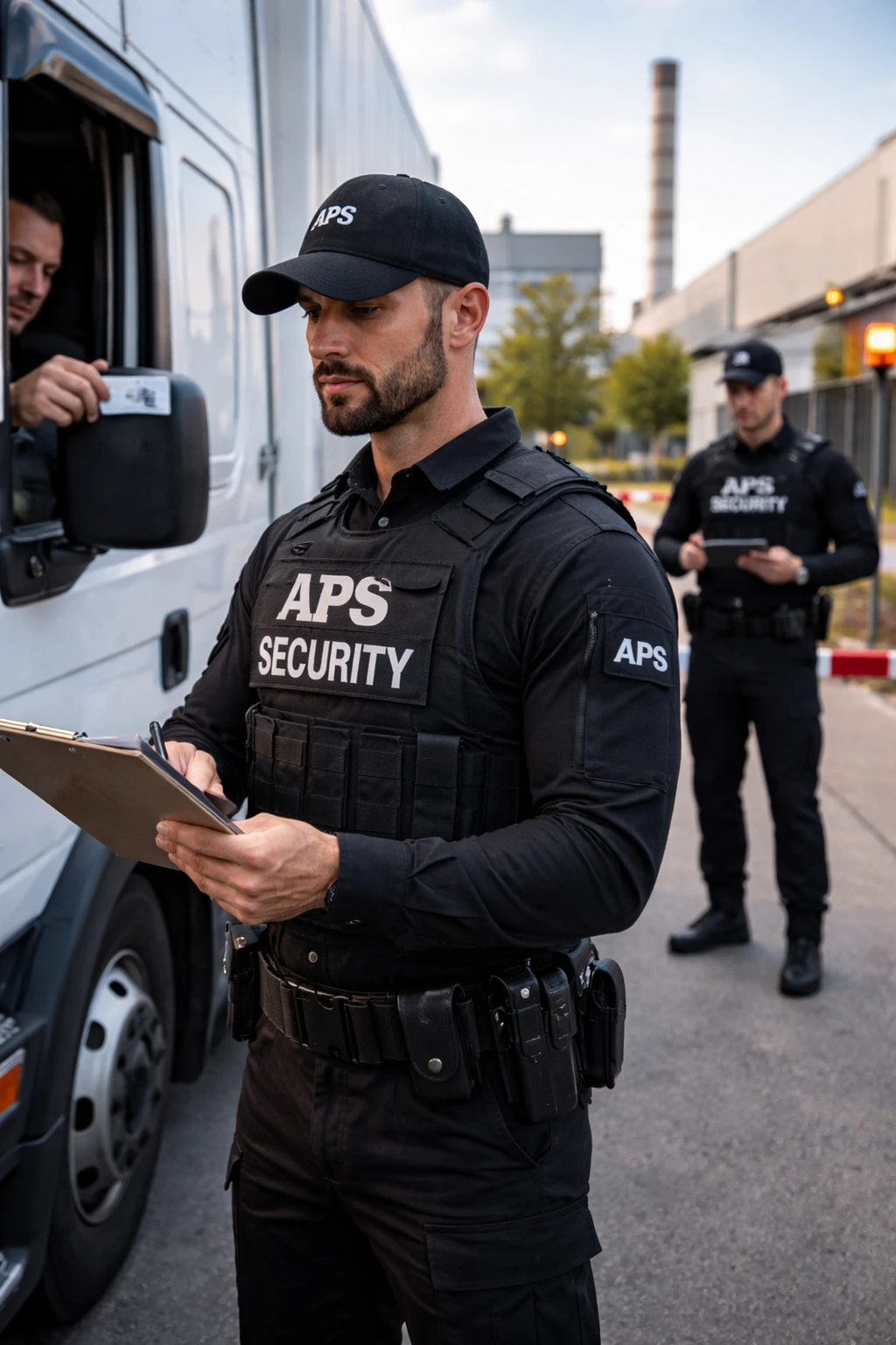Werkschutz Streifendienst mit Sicherheitskräften und Einsatzfahrzeugen auf einem Werksgelände.