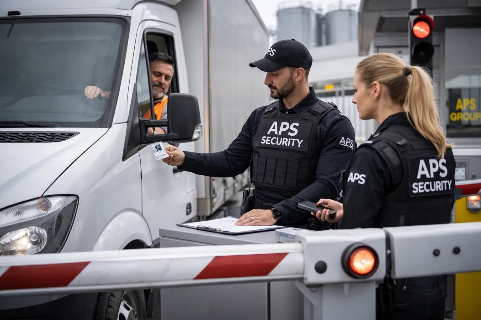Pfortendienst Werk bundesweit an einer Werkschranke mit kontrollierter Zufahrt und professioneller Werkschutzstruktur.