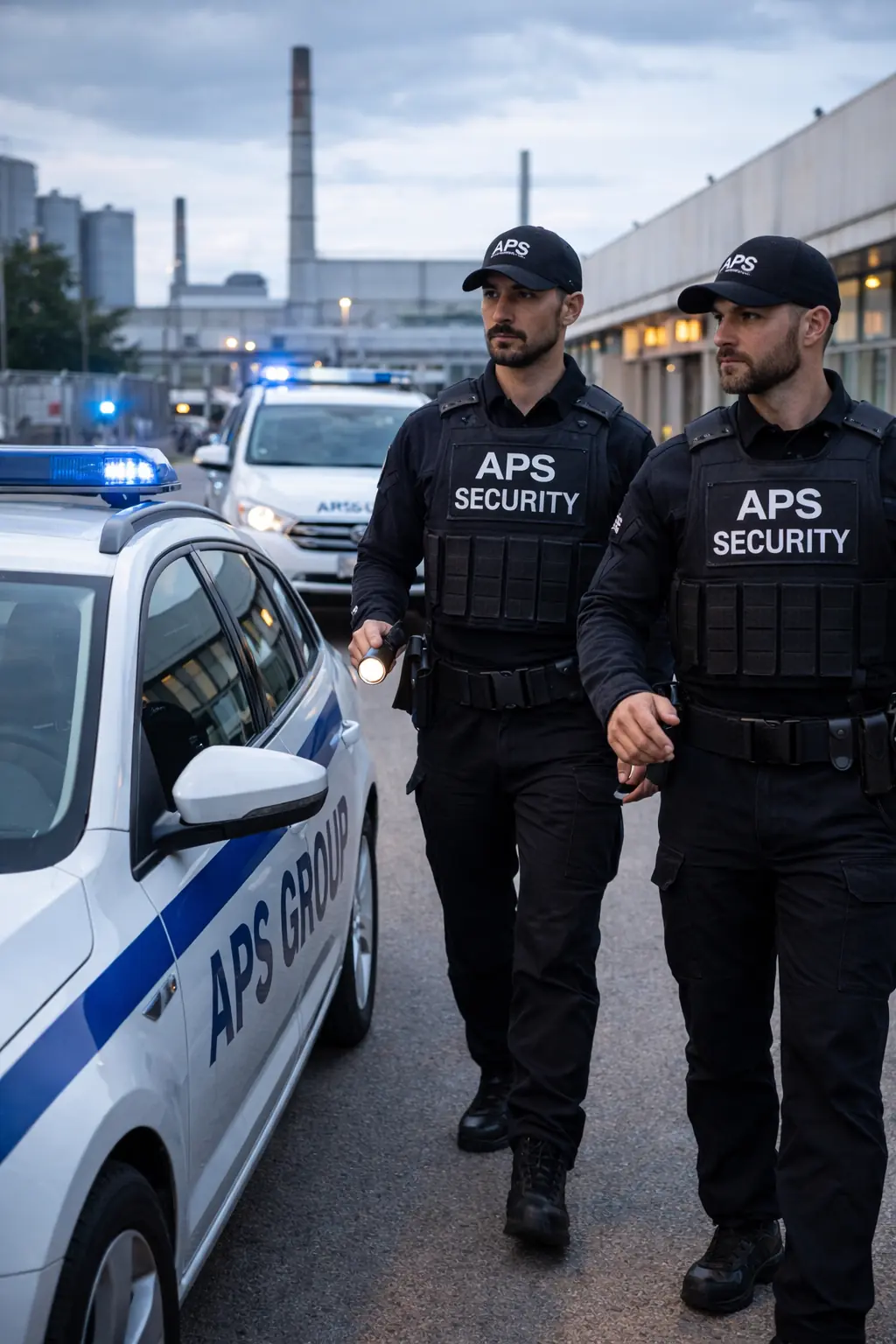 Streifendienst Werkschutz mit Einsatzfahrzeugen auf einem Betriebsgelände.