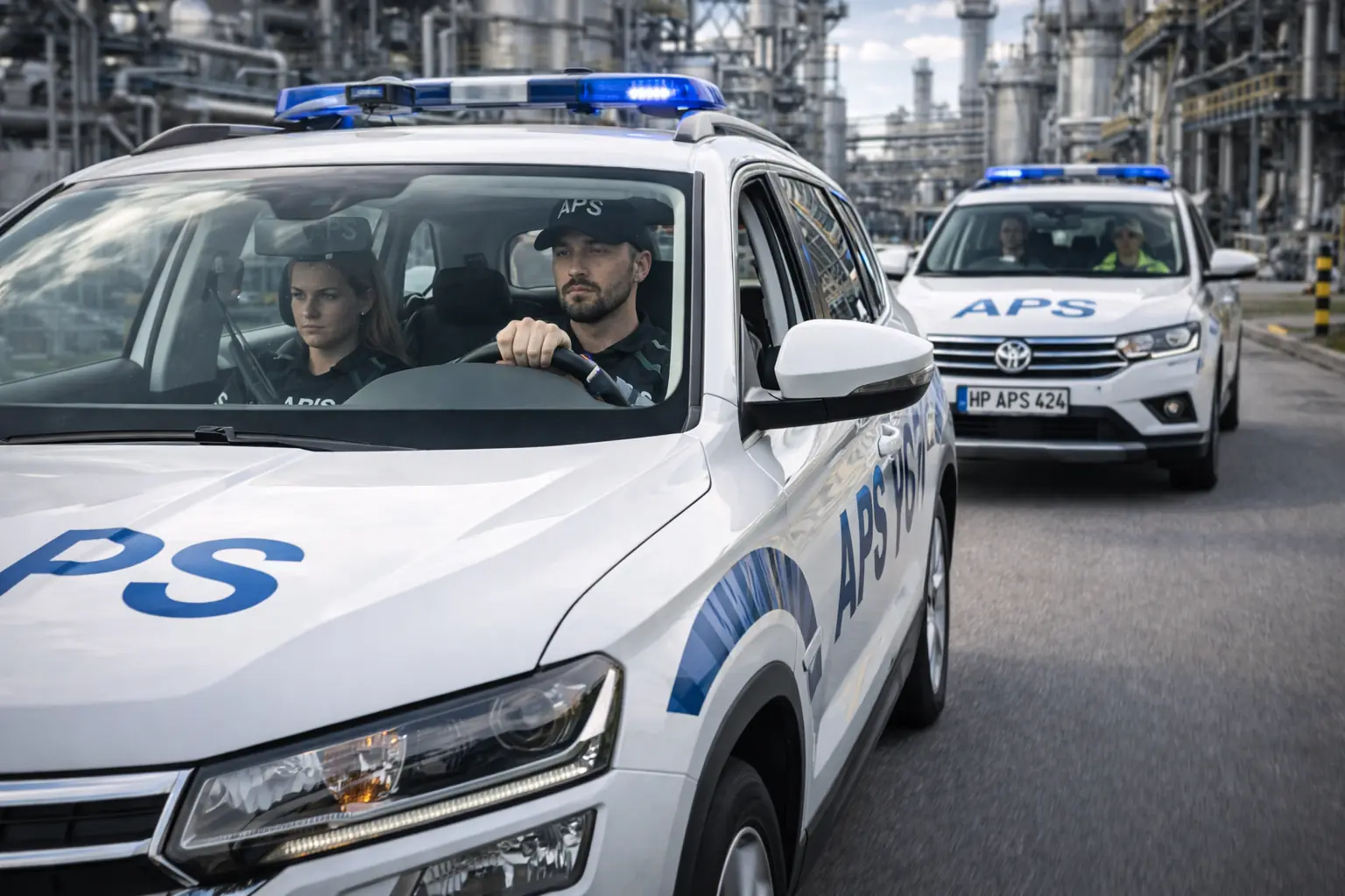 Werkschutz Industrie bundesweit mit Einsatzfahrzeug auf einem Industriegelände.