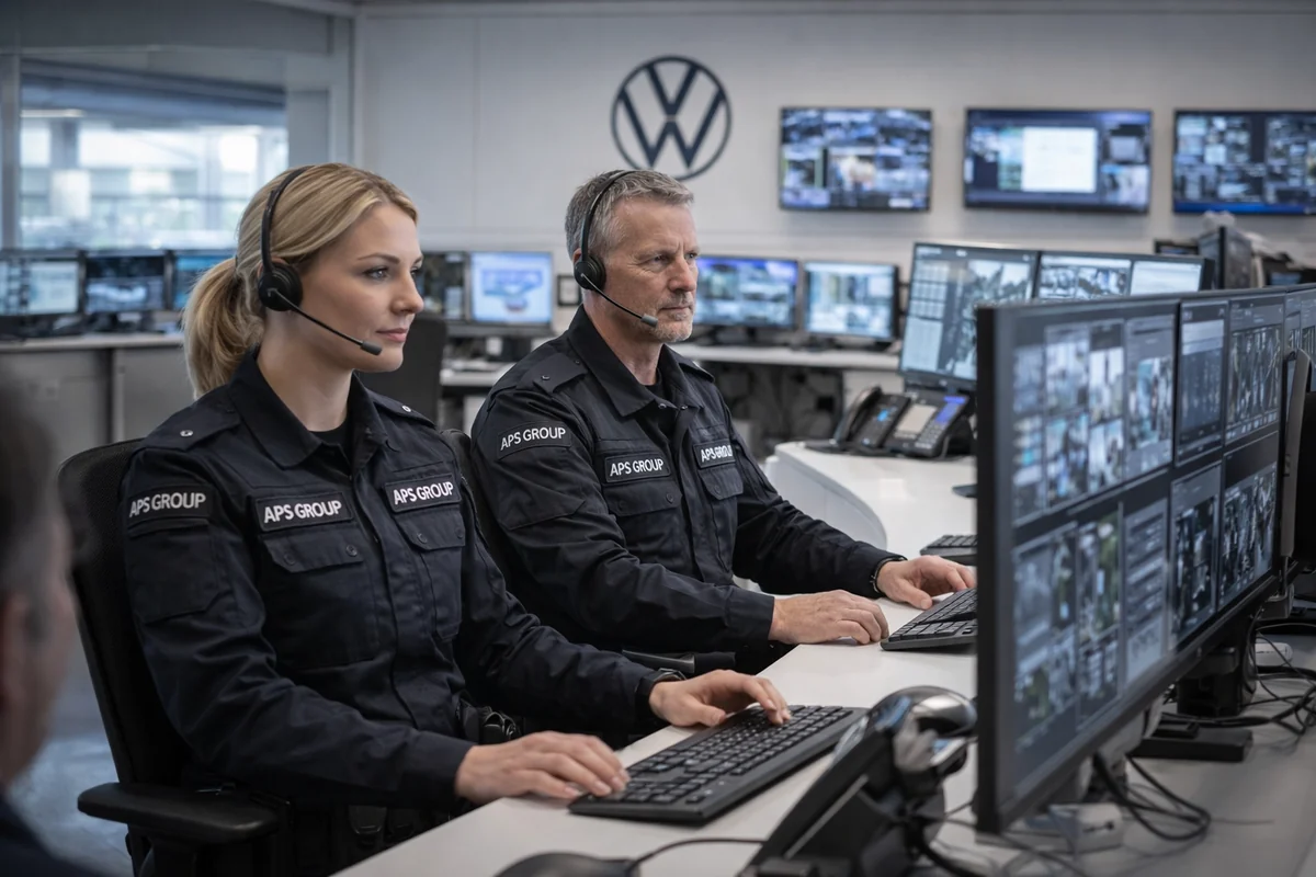 Werkschutz am Schalter mit kontrollierter Anmeldung und geregeltem Zutritt.