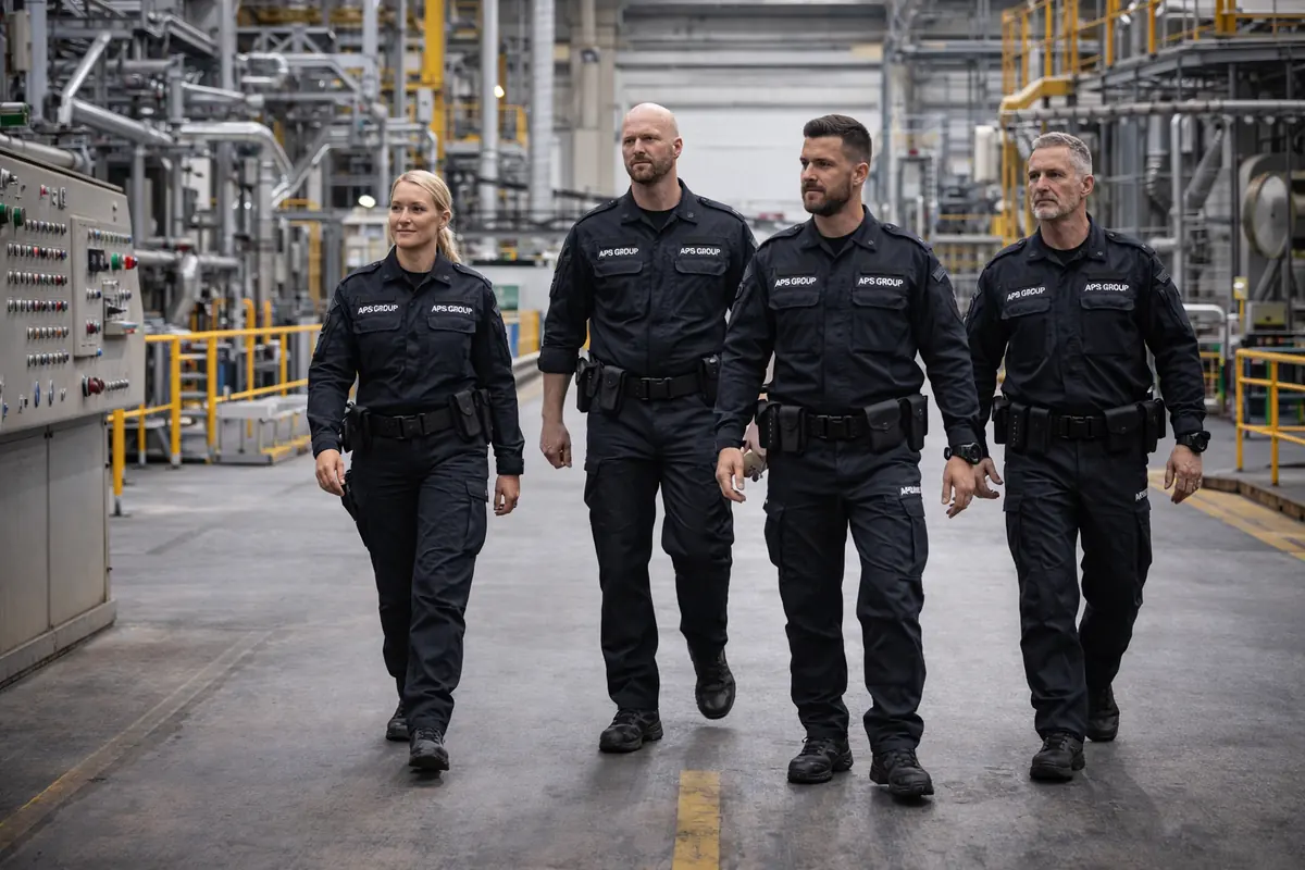 Werkschutz am Werkseingang mit kontrolliertem Zugang und professioneller Sicherheitsstruktur.