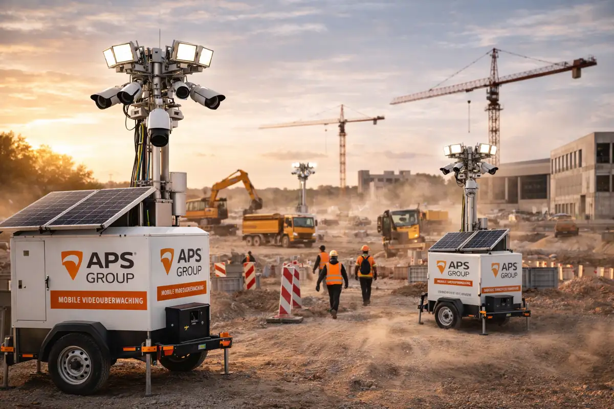 Mobile Videoüberwachung bundesweit mit Kameratürmen auf Baustelle und professioneller Überwachungslösung für offene Flächen