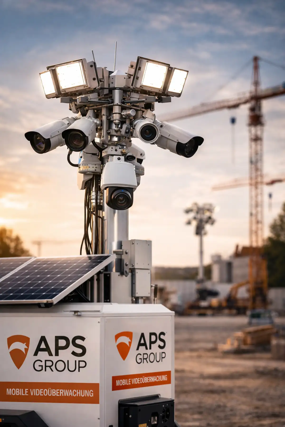 Kameraturm für mobile Videoüberwachung bundesweit auf Baustelle mit freier Sicht auf sensible Bereiche und Zufahrten