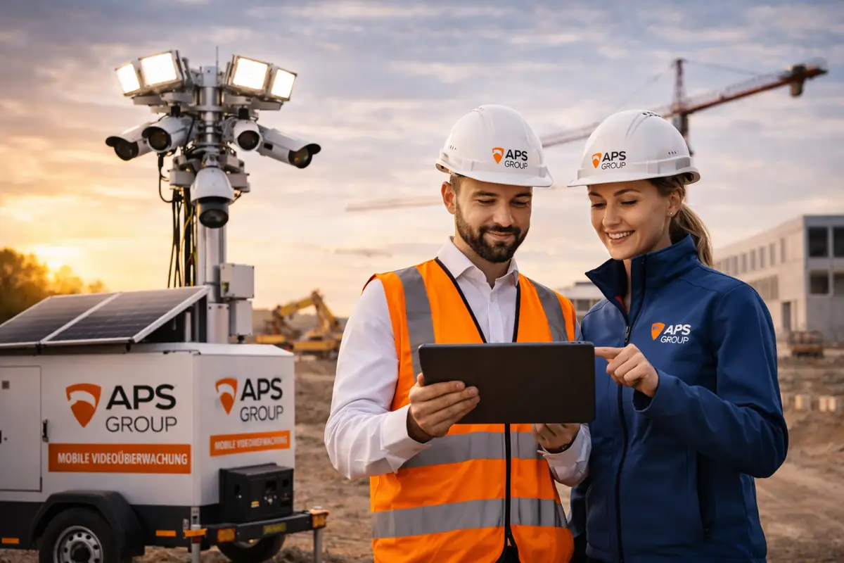 Mobile Videoüberwachung bundesweit auf Baustelle mit professionellem Team, klarer Einsatzplanung und sichtbarer Sicherheitsstruktur
