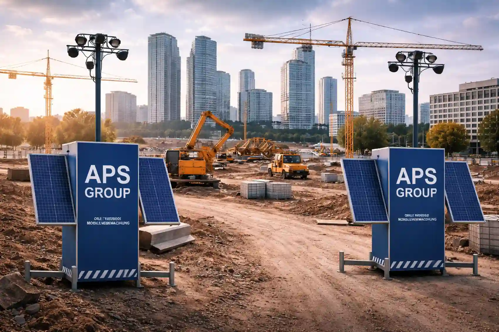 Mobile Videoüberwachung Baustelle bundesweit mit 2 Kameratürmen auf einer urbanen Baustelle.