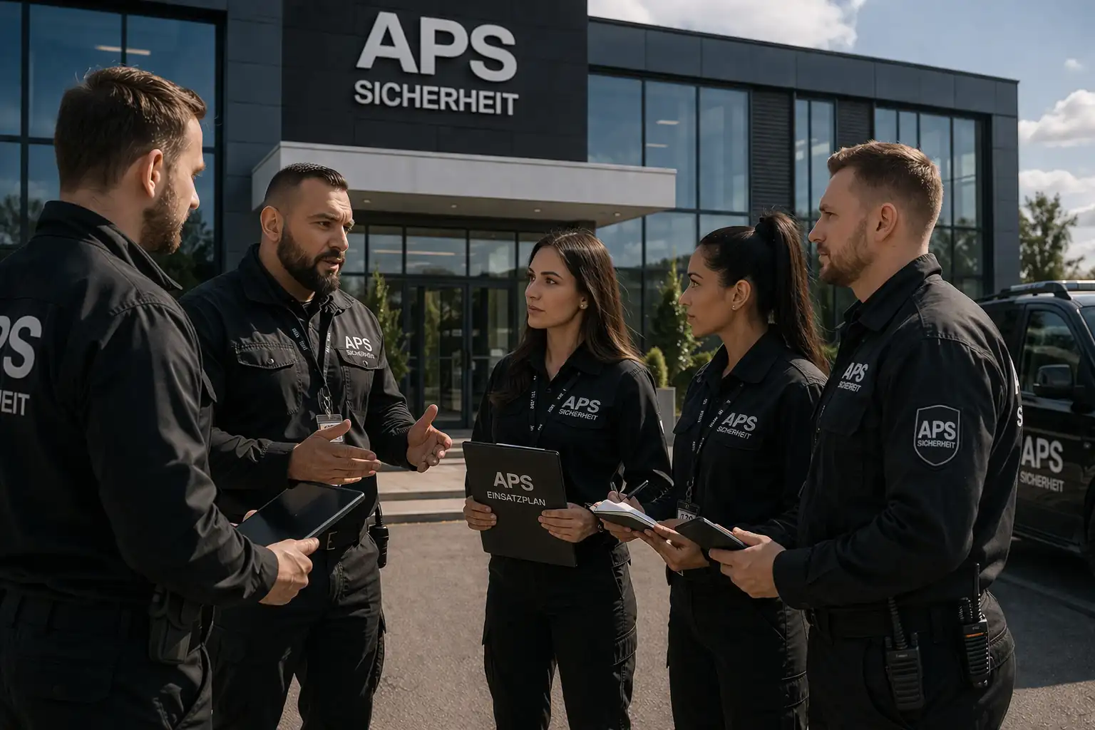 Sicherheitsteam der APS Group im Gespräch zur Einsatzplanung und Objektabsicherung