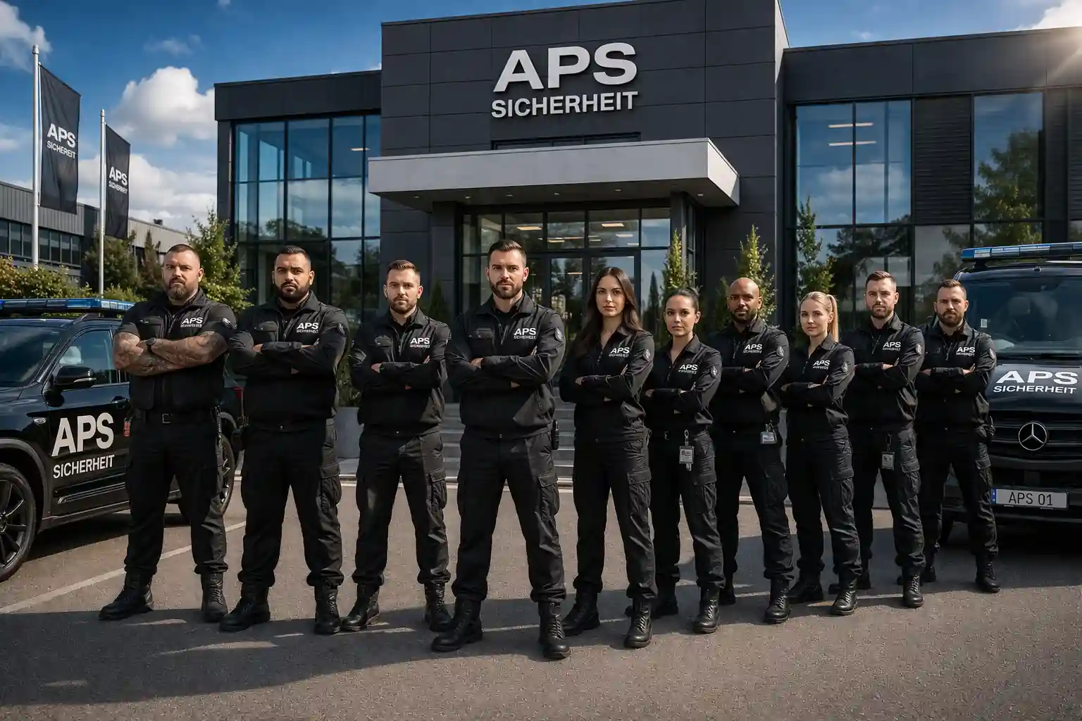 APS Group Team vor dem Hauptgebäude als sichtbare Unternehmenspräsenz im Sicherheitsdienst