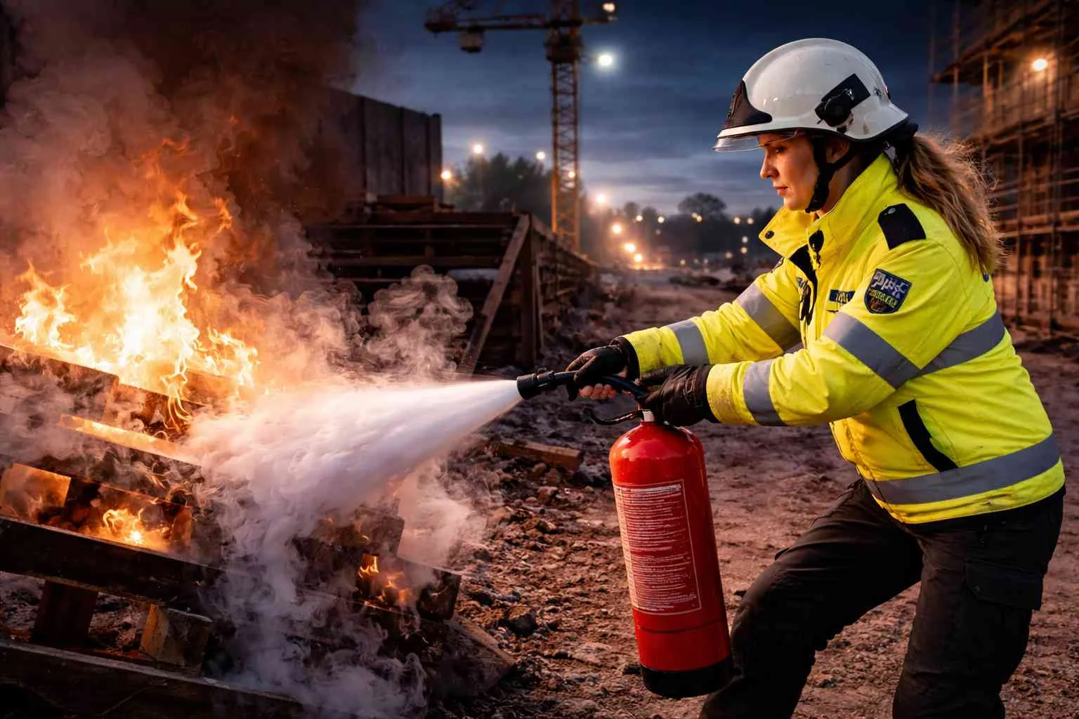 Brandwache Baustelle bundesweit bei einem Löscheinsatz auf einer Baustelle.
