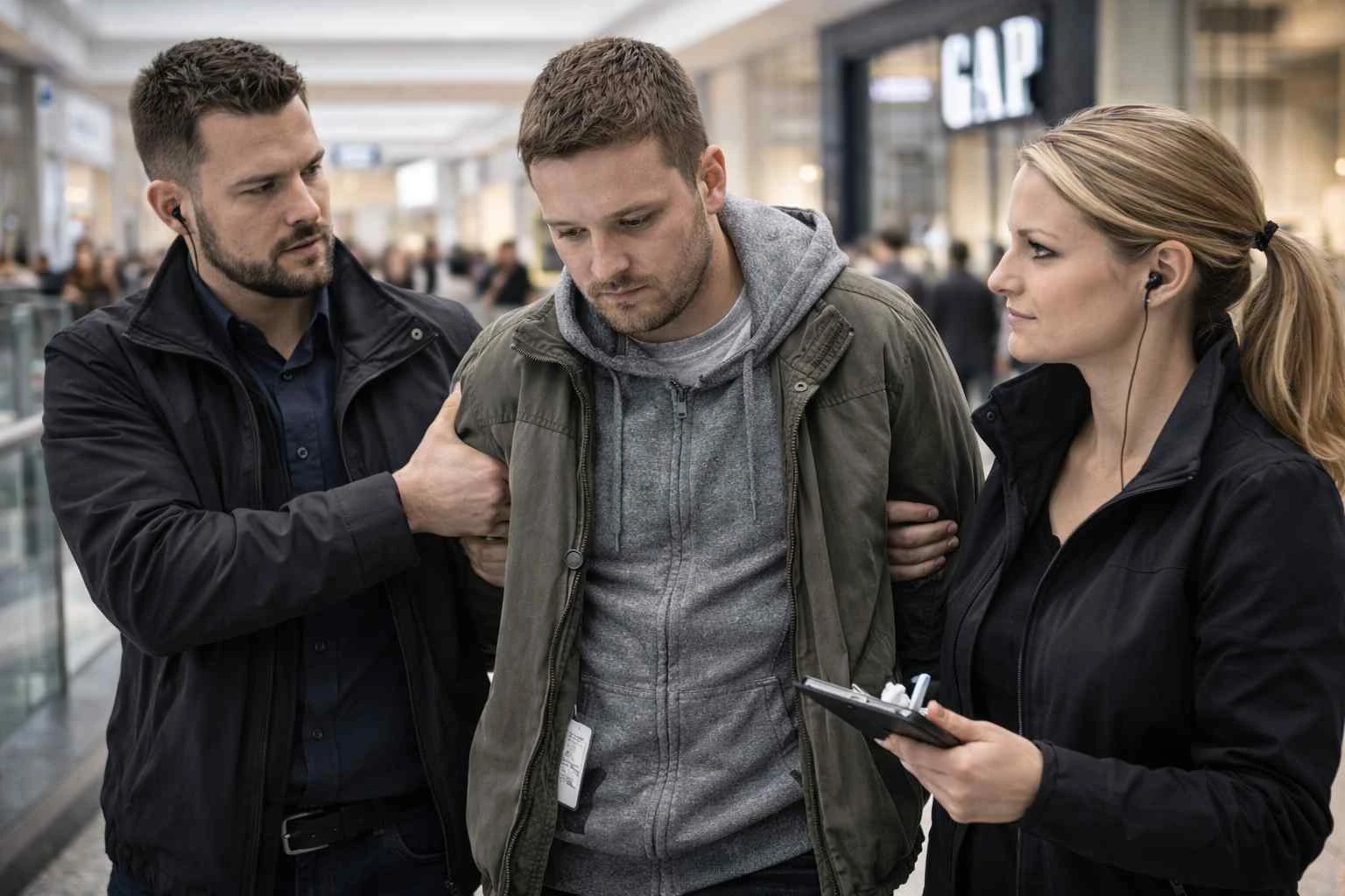 Detektive im Einkaufszentrum bundesweit bei einem kontrollierten Zugriff.