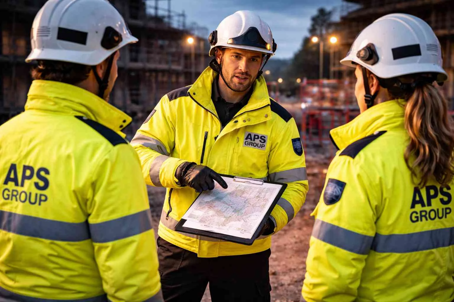 Brandwache Baustelle bundesweit bei einer Einsatzbesprechung auf der Baustelle.