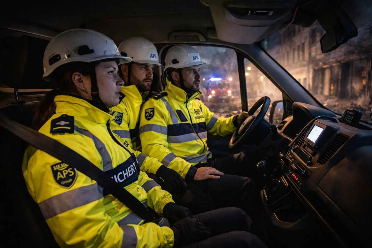 Brandwache nach Feuer bundesweit mit Einsatzfahrzeug nach einem Brand.