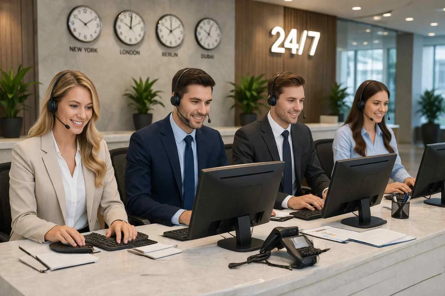Empfangsdienst 24 7 bundesweit bei der Arbeit am Empfangsplatz.
