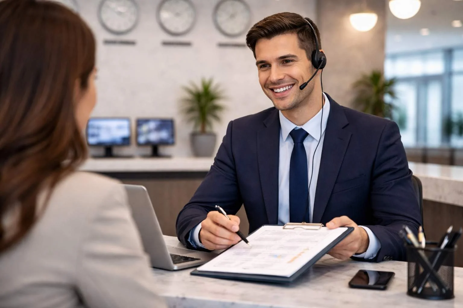 Empfangsdienst 24 7 bundesweit im Kundengespräch am Empfang.