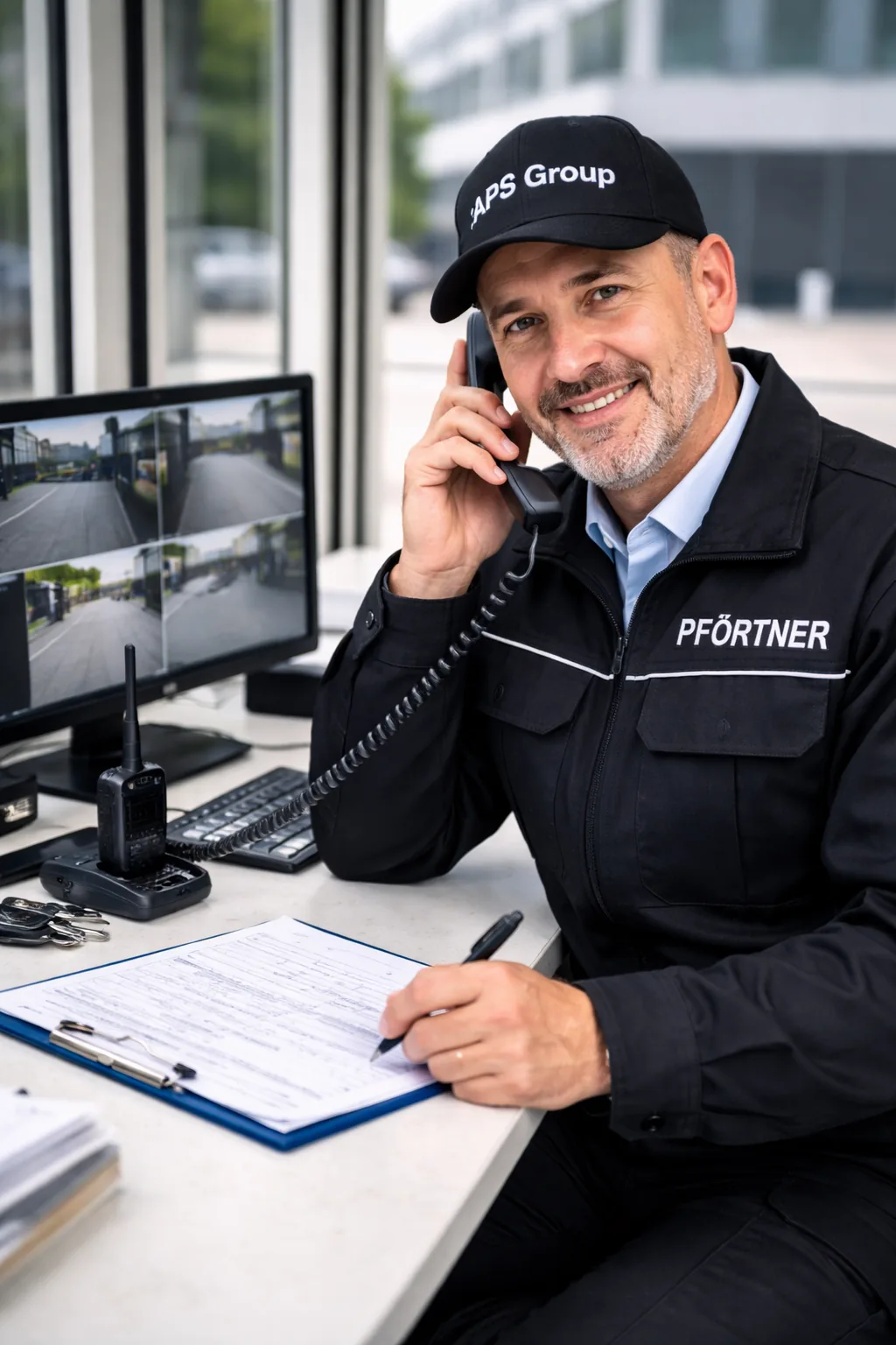 Pförtner bei der Arbeit mit geregelter Besucherabwicklung und Kontrollprozessen