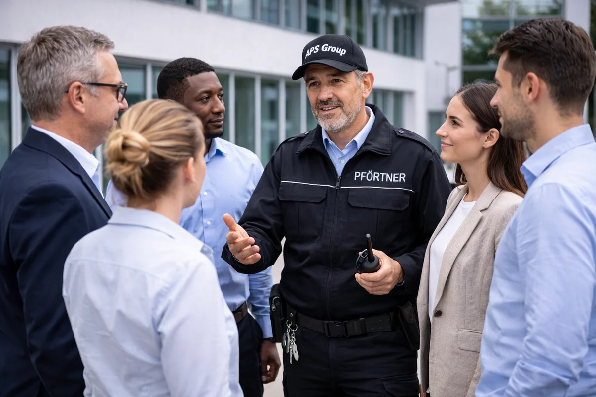 Pförtner im Gespräch mit Besucher zur Anmeldung und Weiterleitung