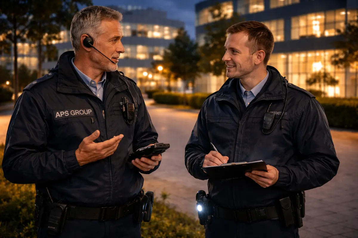 Pförtner für Unternehmen bundesweit im Gespräch mit Besuchern und geordnetem Empfangsprozess.