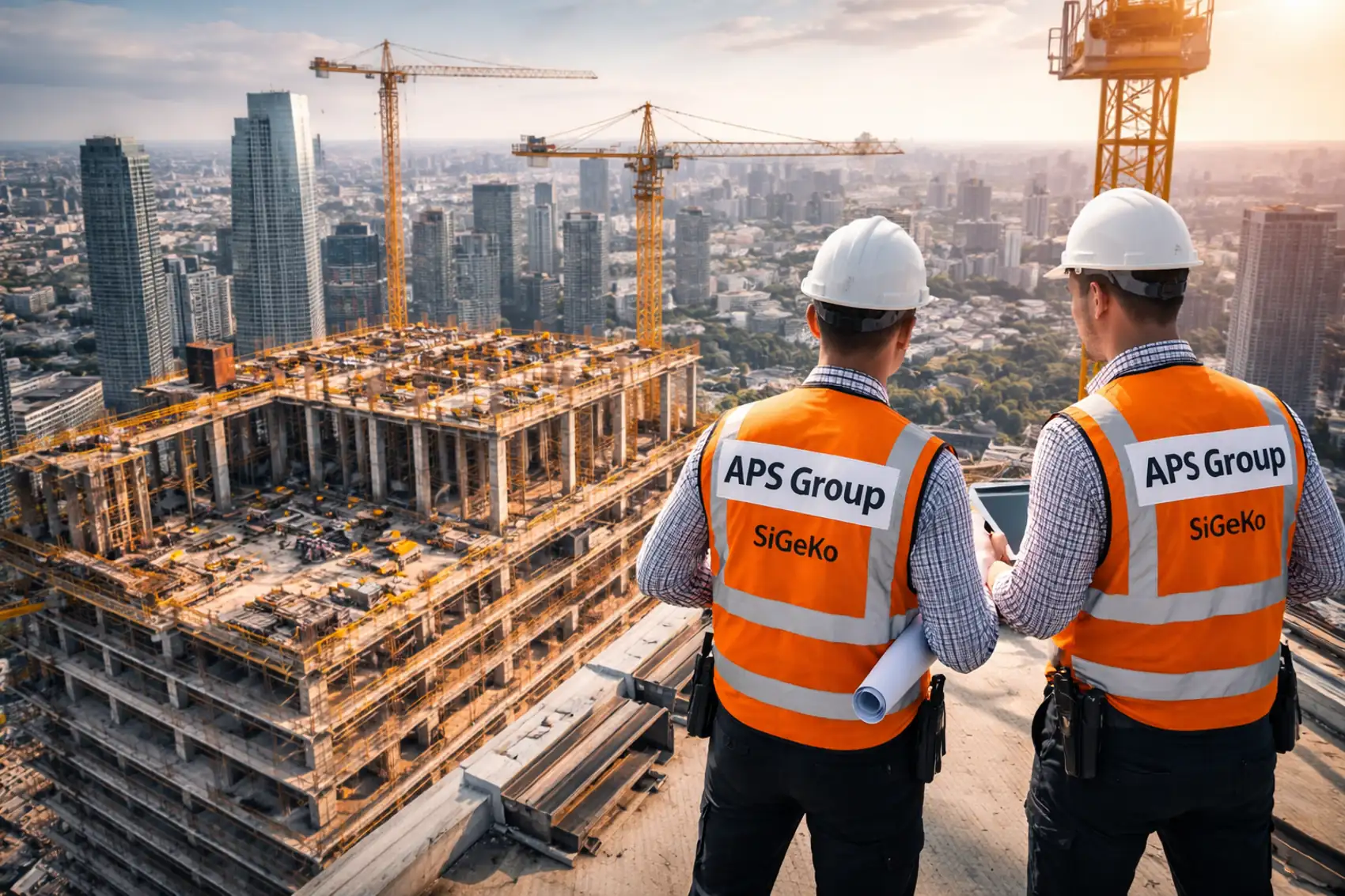 SiGeKo Großbaustelle bundesweit mit Koordination auf einer großen Baustelle vor Hochhausprojekt.