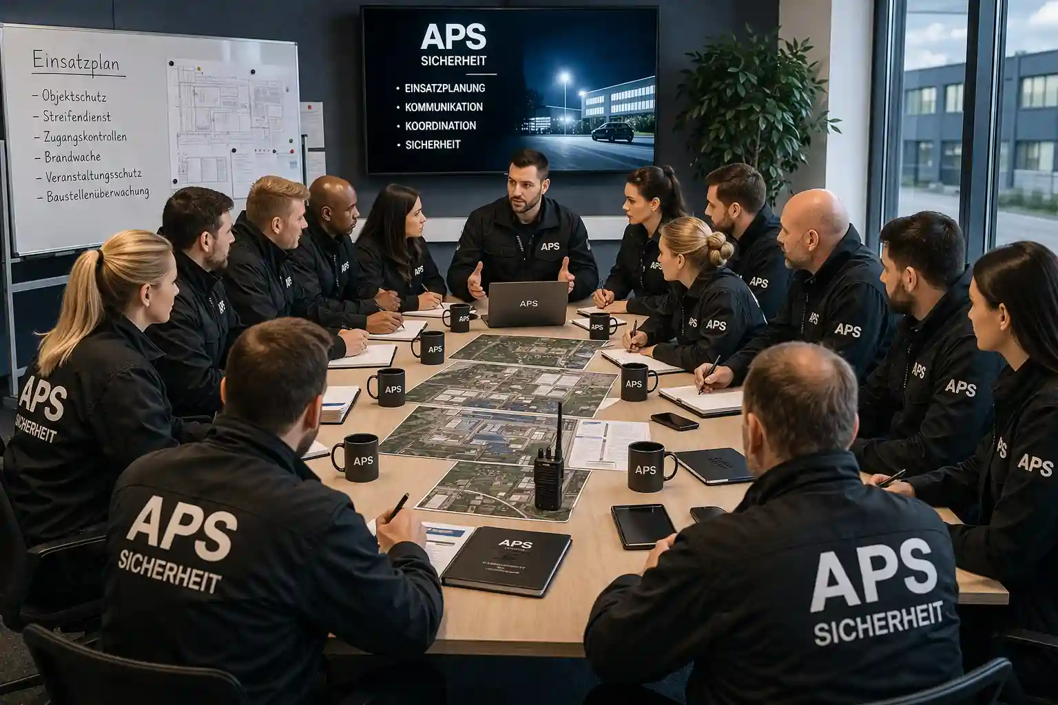 Teambesprechung des APS Group Sicherheitsdienstes zur Einsatzplanung