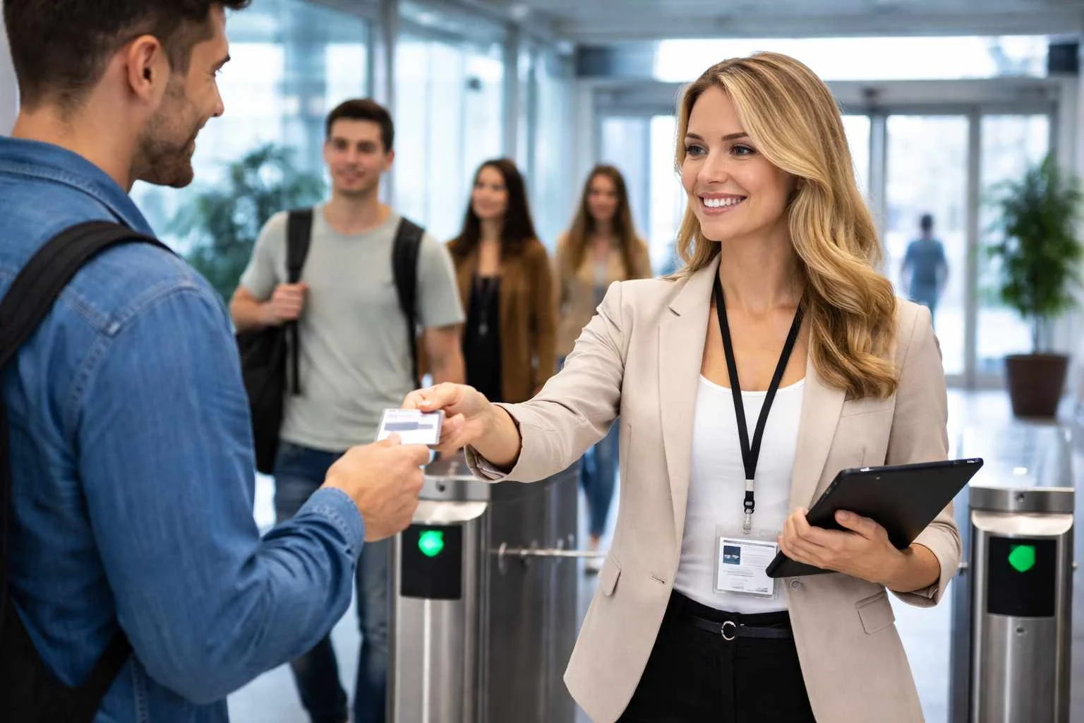 Empfangsdienst Zugangskontrolle bundesweit mit professioneller Mitarbeiterin bei der Zutrittsprüfung.